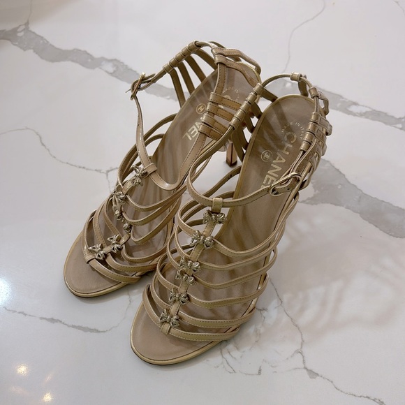 Chanel Cream/Gold - Leather Bow Cage Heels - Picture 1 of 6
